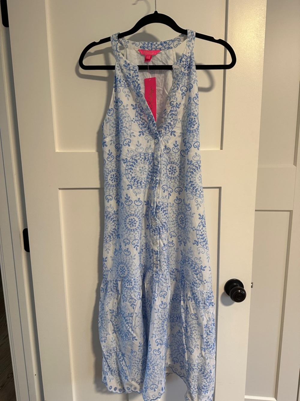 Lilly Pulitzer White Maxi Dress with Light Blue Medallion Print